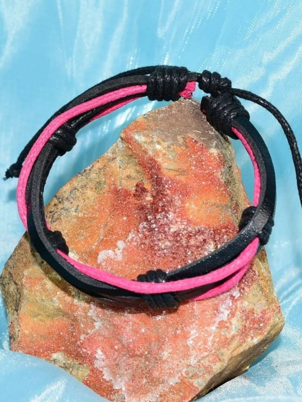 Aubrey Logan Multi Layer Leather Bracelet Black and Pink Mens Gift Boxed